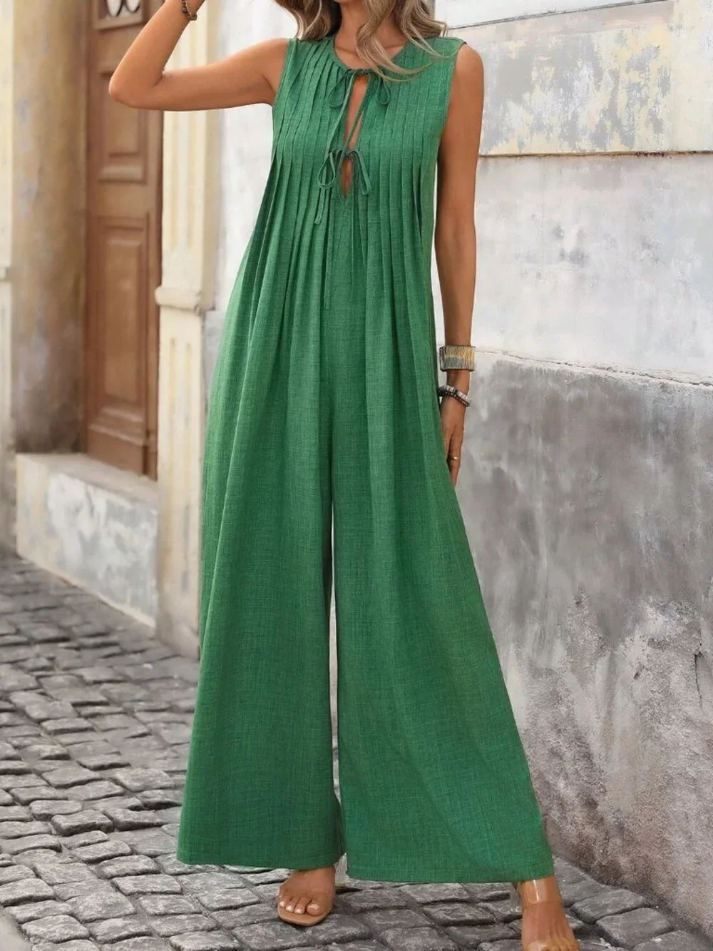 Green Casual Women's Vacation Jumpsuit with Front Tie